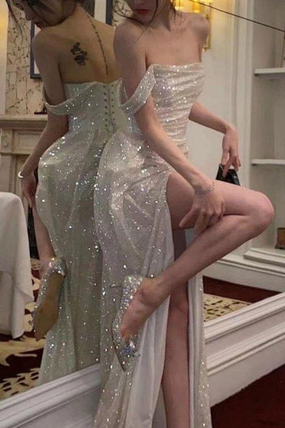 Luxurious Mermaid Off the Shoulder Silver Sequins Long Party Dress with Split Front