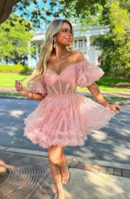 Off The Shoulder Light Blush Pink Tulle Homecoming Dress