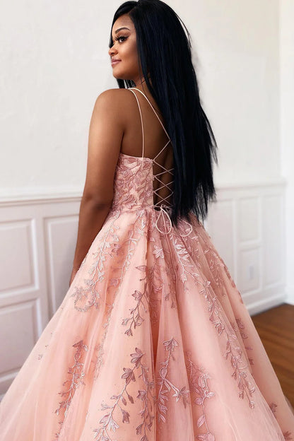 Spaghetti Straps A-Line Tulle Lace Prom Dresses