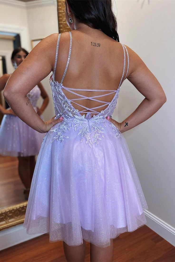 Lilac Straps A-Line Applique Tulle Homecoming Dresses