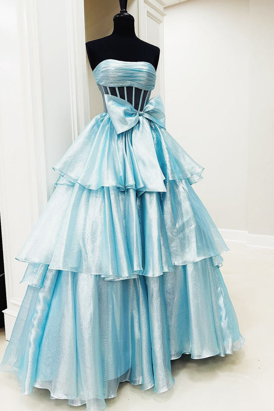 Cute Fashion Ball Gown Strapless Glitter Organza Prom Dress