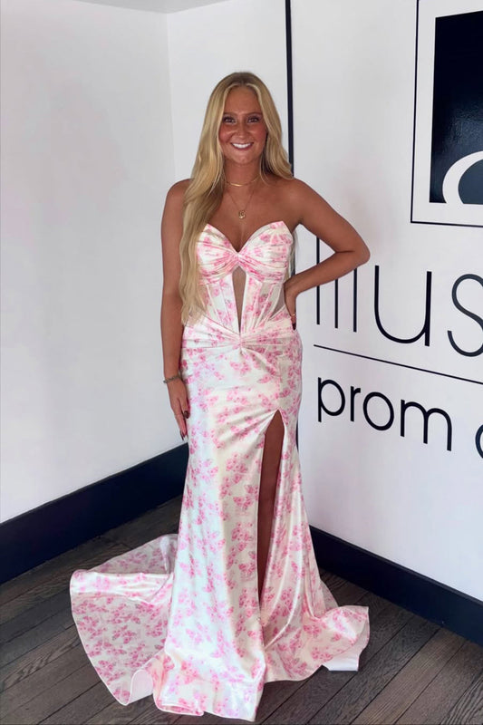 Cute Mermaid Sweetheart Keyhole Floral Prom Dress with Slit
