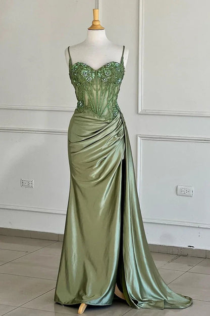Spaghetti Straps Sage Beaded Satin Long Formal Dress
