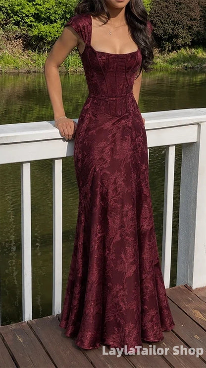 90'S Retro Style Burgundy Corset Lace Prom Dress Cap Sleeves Senior Formal Dresses, LTP82773