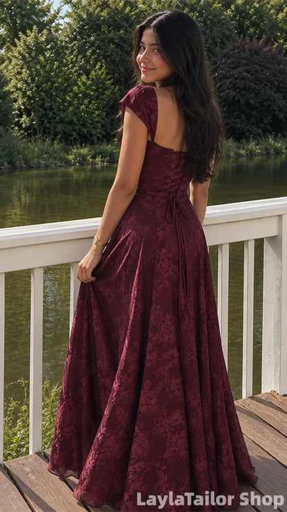 90'S Retro Style Burgundy Corset Lace Prom Dress Cap Sleeves Senior Formal Dresses, LTP82773