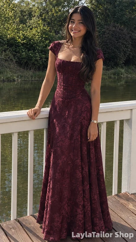 90'S Retro Style Burgundy Corset Lace Prom Dress Cap Sleeves Senior Formal Dresses, LTP82773