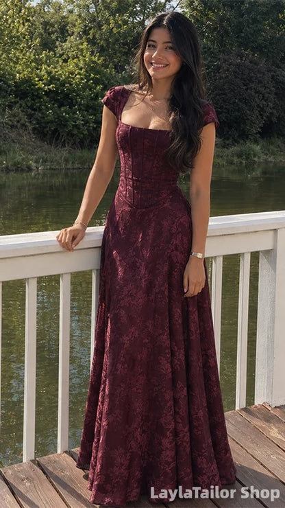 90'S Retro Style Burgundy Corset Lace Prom Dress Cap Sleeves Senior Formal Dresses, LTP82773
