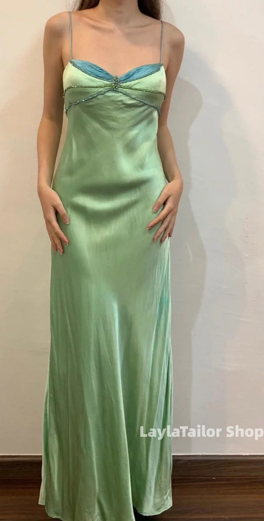 90's Formal Dress Spaghetti Straps Apple Green Beaded Long Prom Dresses,LTP3670