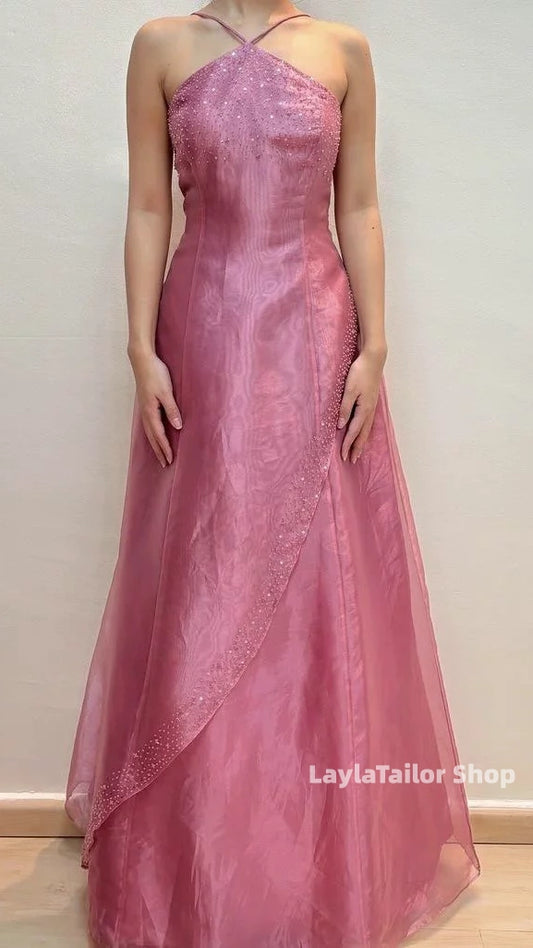 90's Retro Party Dress Beaded Halter Prom Dresses,LTP3662