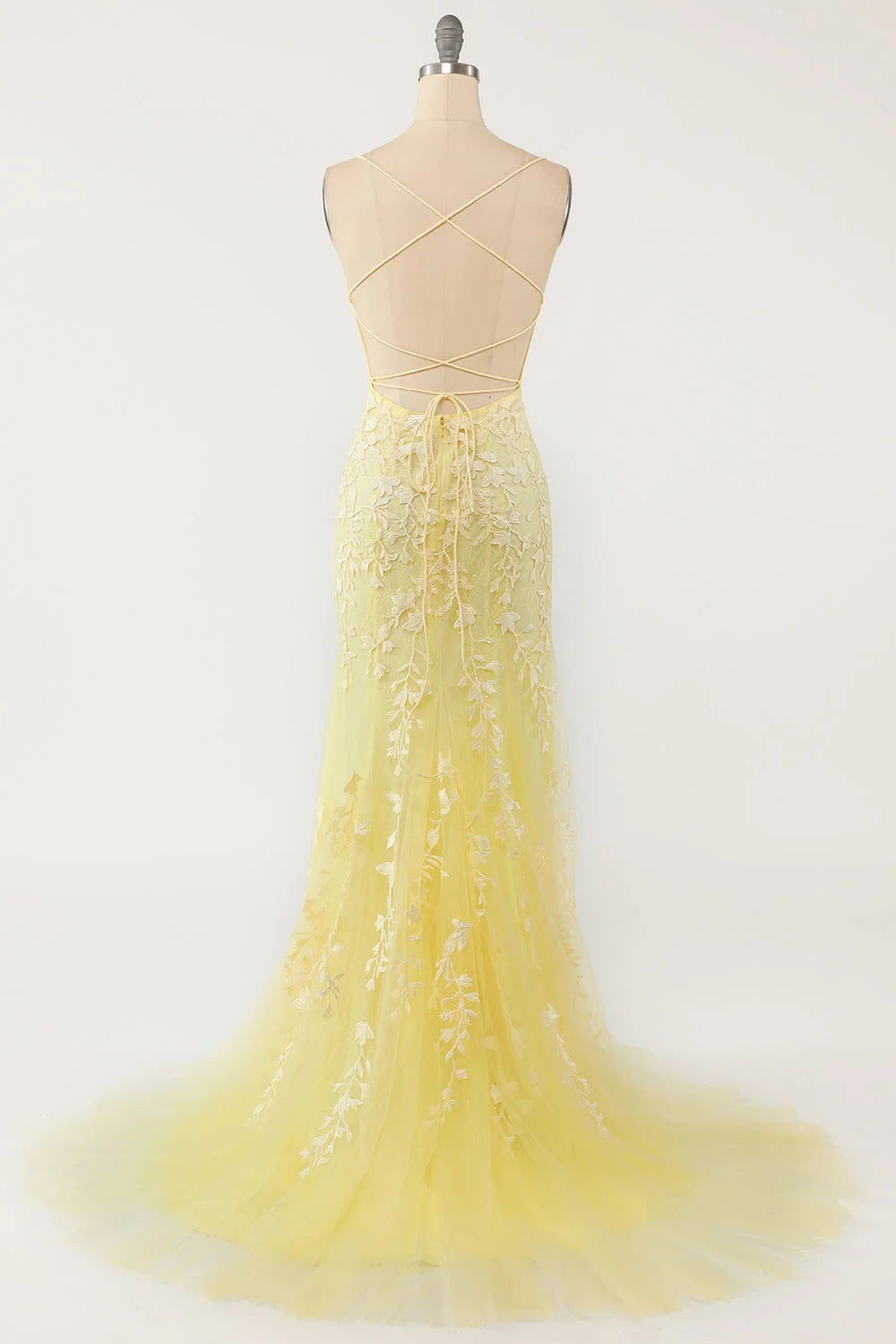 Pastel Yellow Mermaid Lace Evening Prom Dress