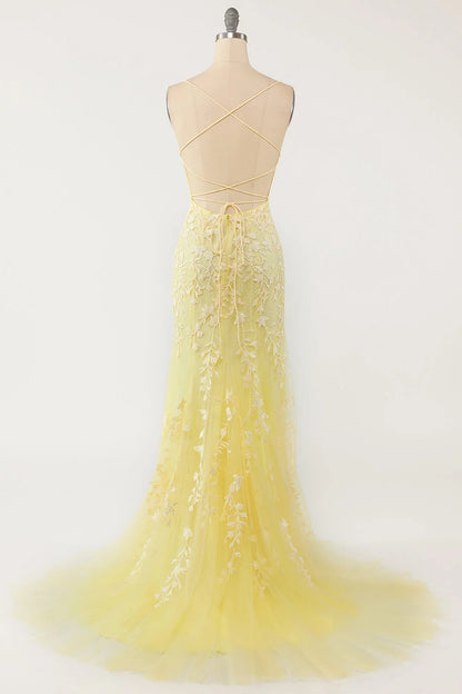 Pastel Yellow Mermaid Lace Evening Prom Dress