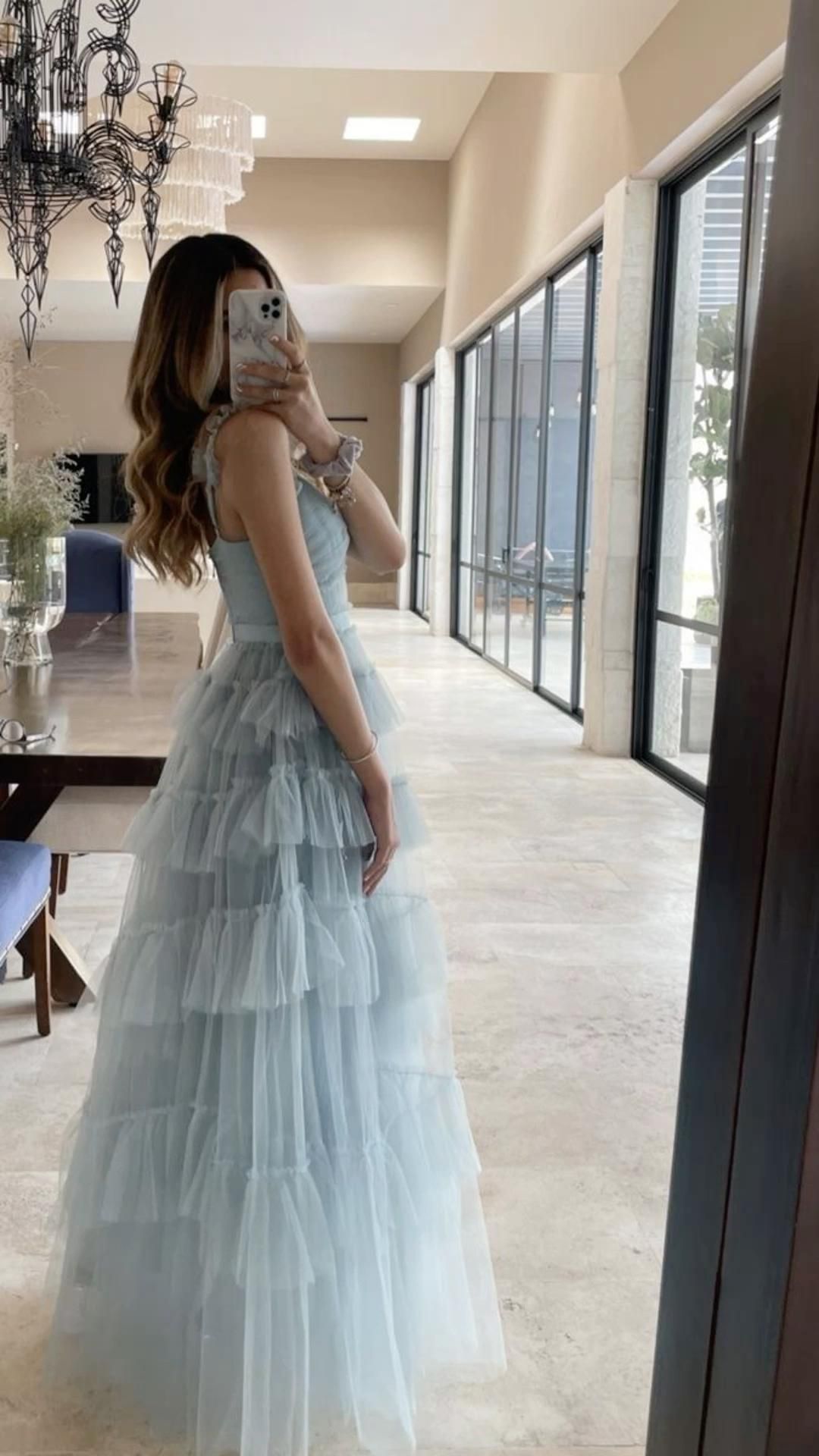 Light Blue Tulle Pleated Floor Length Junior Prom Dress