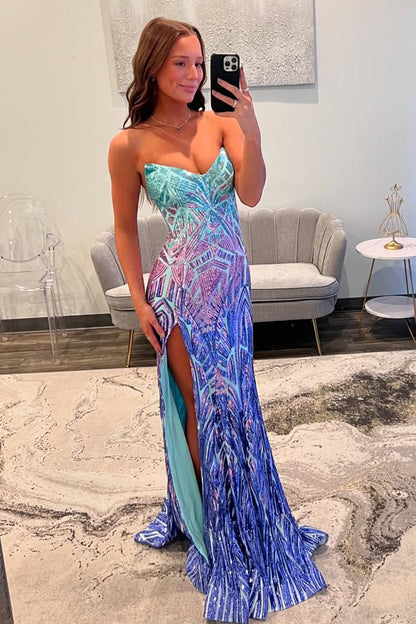 Fashion Mermaid V Neck Sequins Long Prom Dress with Slit