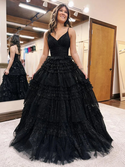 Discount Spaghetti Straps Tulle Preppy Prom Dress, Black Prom Dress Long