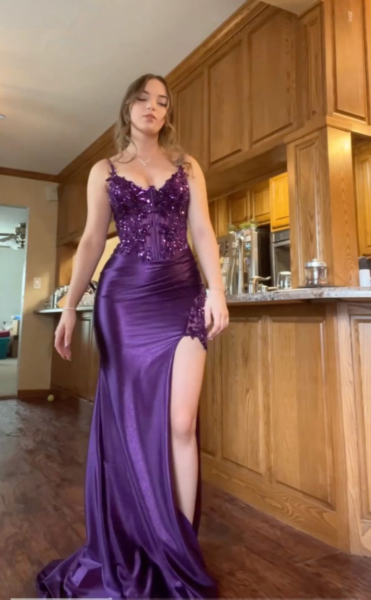 Purple V-Neck Appliques Lace Party Dress With Side Slit,LTP4518