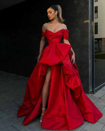 Illusion Red Satin Off The Shoulder Prom Dress With Side Slit