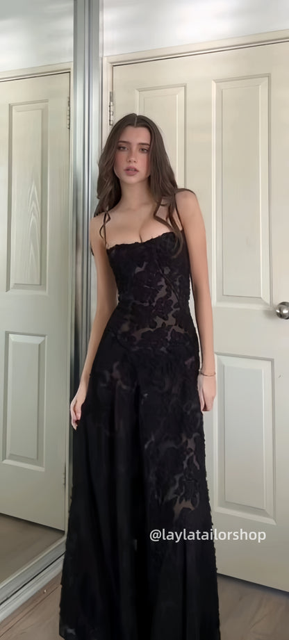 Spaghetti Straps Black Lace Slim Senior Prom Dresses For Women,LTP4281