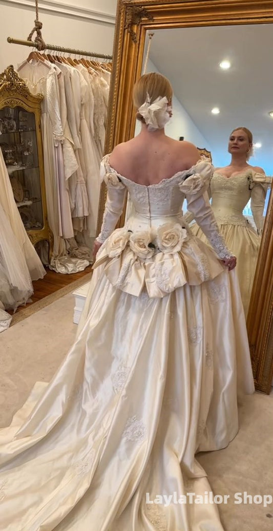 Vintage Long Sleeves Bridal Dresses Off The Shoulder Floral 90's Wedding Dress,LTP3691