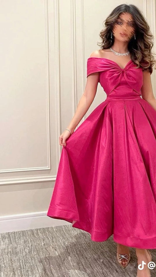 Off The Shoulder Preppy Prom Dress, Fuchsia Bowknot Top Satin Prom Dress, Discount 68% OFF