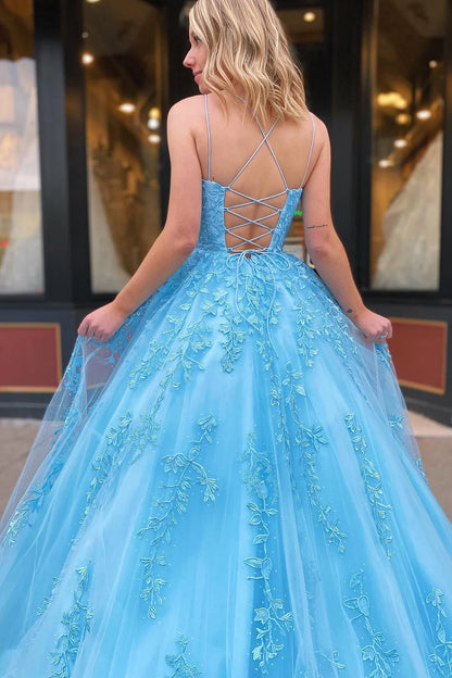 Spaghetti Straps A-Line Tulle Lace Prom Dresses