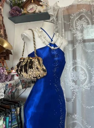 Vintage Blue Mermaid Long Prom Dresses Beaded Satin Evening Dresses Birthday Dresses,LTP4476