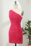 One Shoulder Open Back Sequin Hot Pink Homecoming Dress