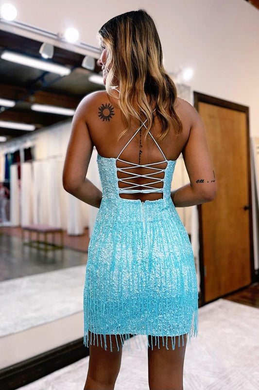 Sheath Spaghetti Straps Sky Blue Mini Party Dresses with Tassel