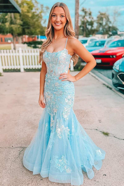 Light Blue Spaghetti Straps Mermaid Applique Long Evening Prom Dress