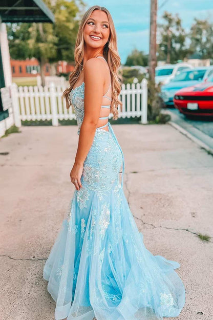 Light Blue Spaghetti Straps Mermaid Applique Long Evening Prom Dress