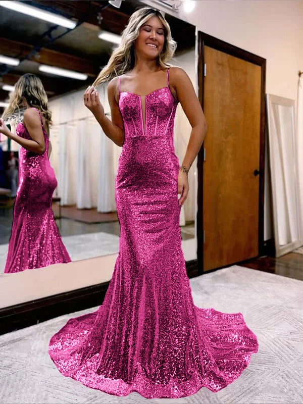 Spaghetti Straps Mermaid Sequins Long Evening Prom Dress