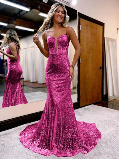 Spaghetti Straps Mermaid Sequins Long Evening Prom Dress