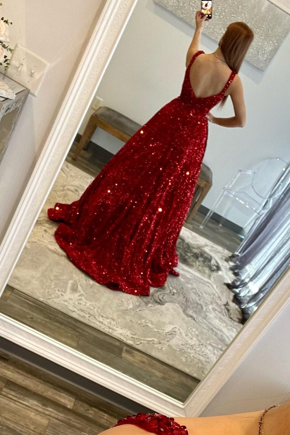Red Sequin Square Neck A-line Prom Dress