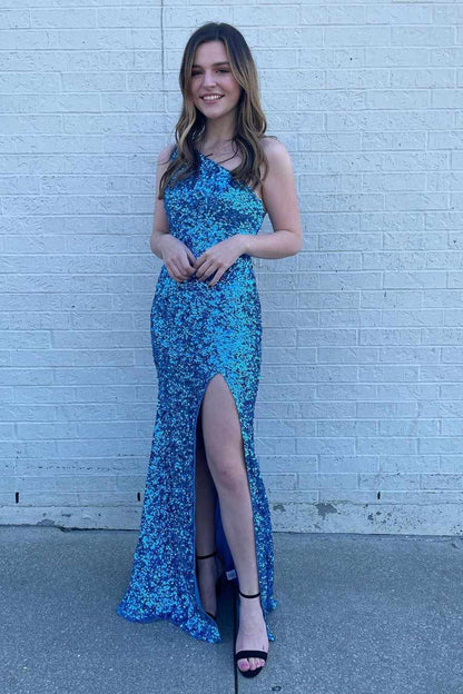 One Shoulder Bodycon Sequined Long Prom Dress