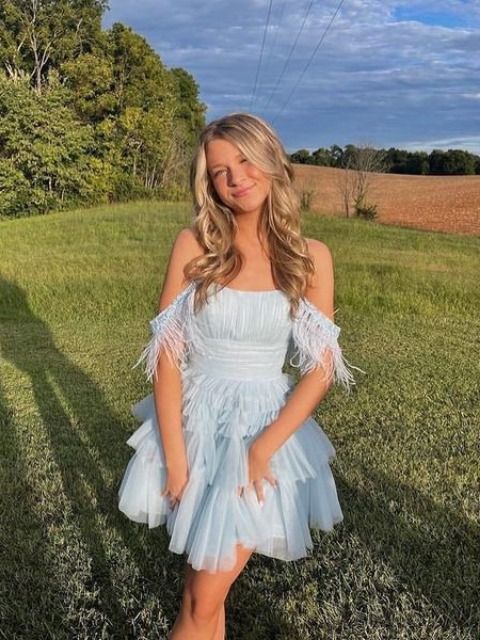 Baby Blue Tulle Off The Shoulder Multi Layers Homecoming Dress