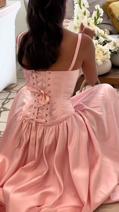 Pink Retro Elegant A-Line Spaghetti Strap Satin Long Evening Dress Birthday Party Dress Bridesmaid Dress,LTP3635