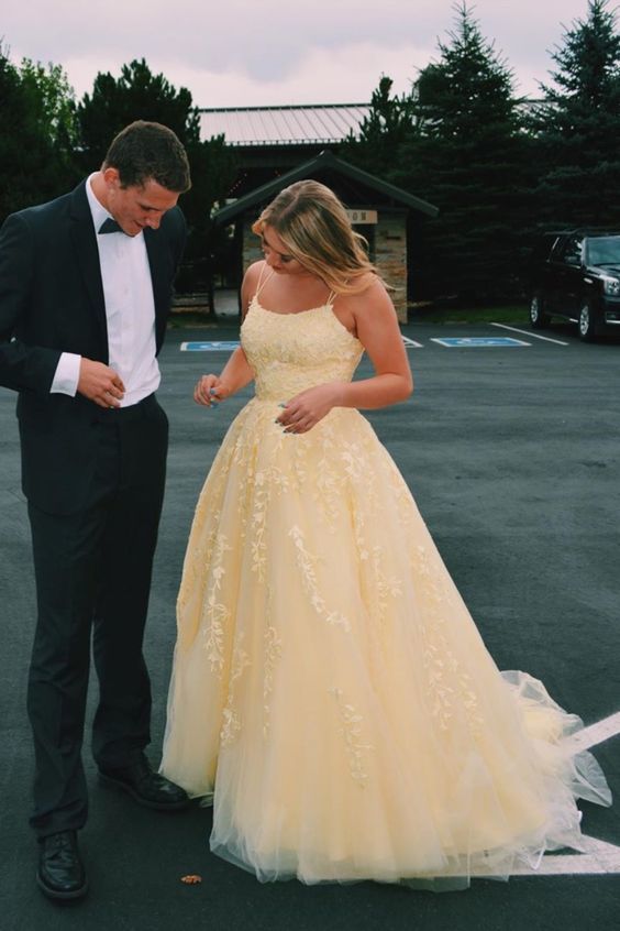 Hot Yellow tulle lace long prom dress party dress