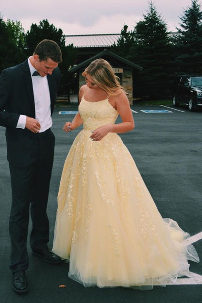Hot Yellow tulle lace long prom dress party dress