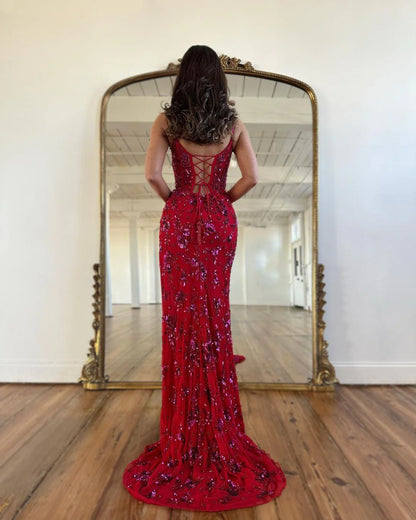 Red Spaghetti Straps Bodycon Long Prom Dress With Side Slit