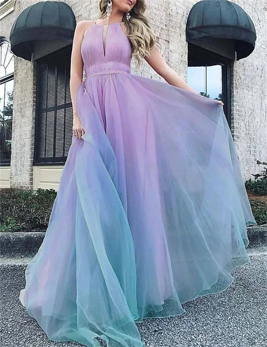 Halter Chiffon A-Line Long Prom Dress