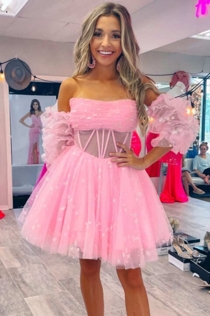 A-Line Pink Strapless Tulle Homecoming Dress with Puffy Sleeves, LTP2906