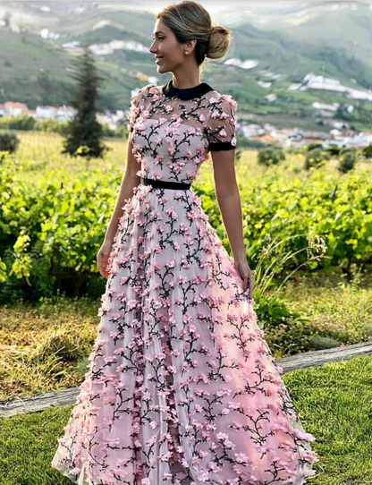 LTP1726,A-Line Round Neckline Short Sleeves 3D Floral Long Prom Dress