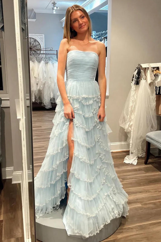 A Line Strapless Glitter Tulle Prom Dress with Layered Ruffle Skirt and Sequin Trim