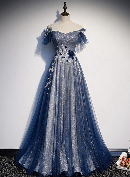 Navy Blue tulle long prom dress blue evening dress