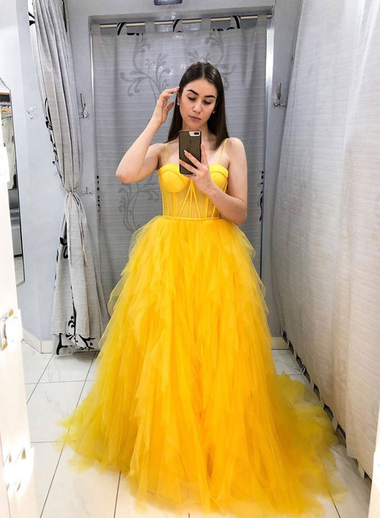 Yellow tulle long prom dress evening dress