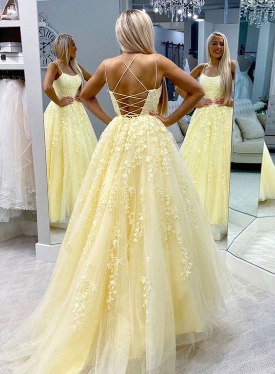 Hot Yellow tulle lace long prom dress party dress