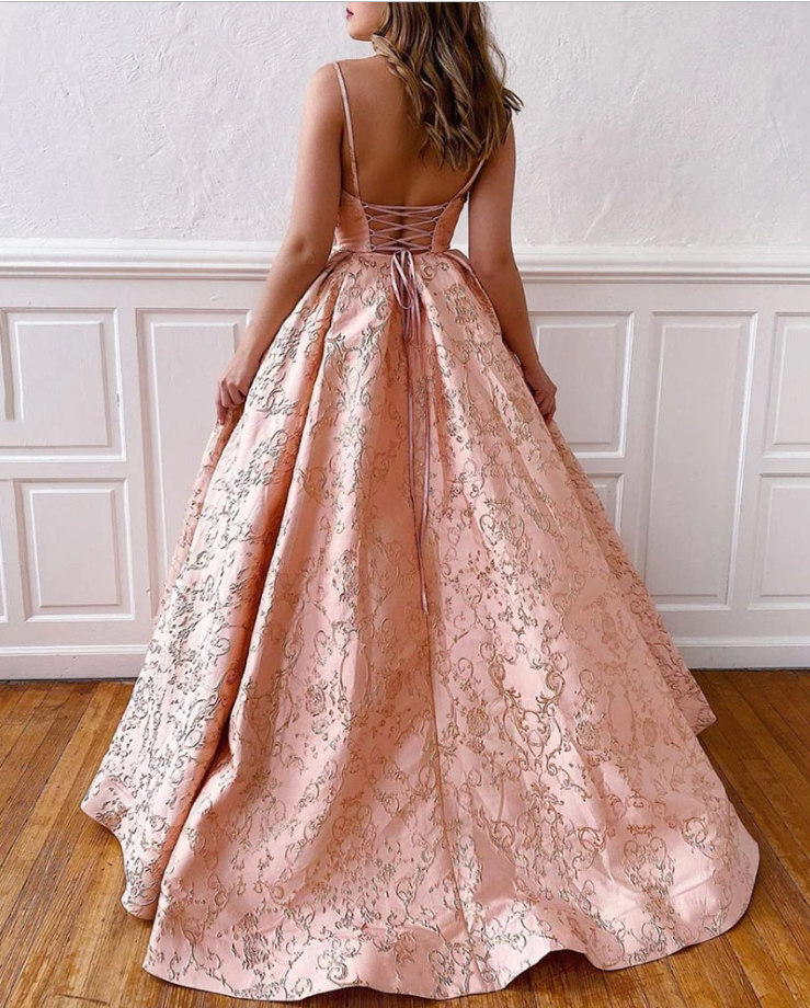 Pink a line long prom gown formal dress