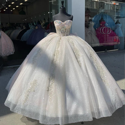 Sweetheart White Applique Beaded Tulle Sweet 16 Dress