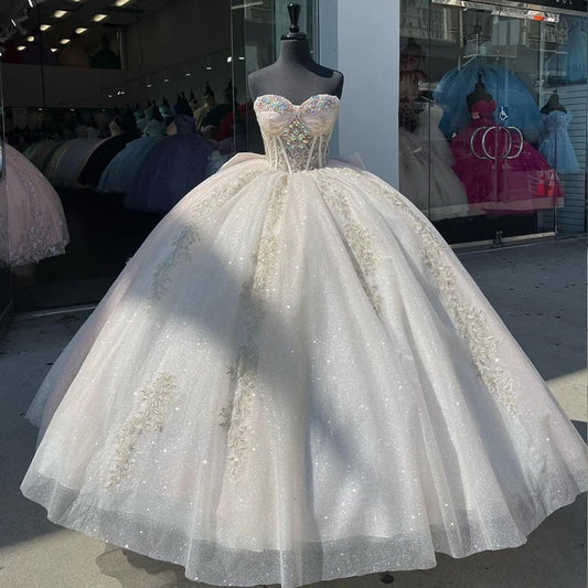 Sweetheart White Applique Beaded Tulle Sweet 16 Dress
