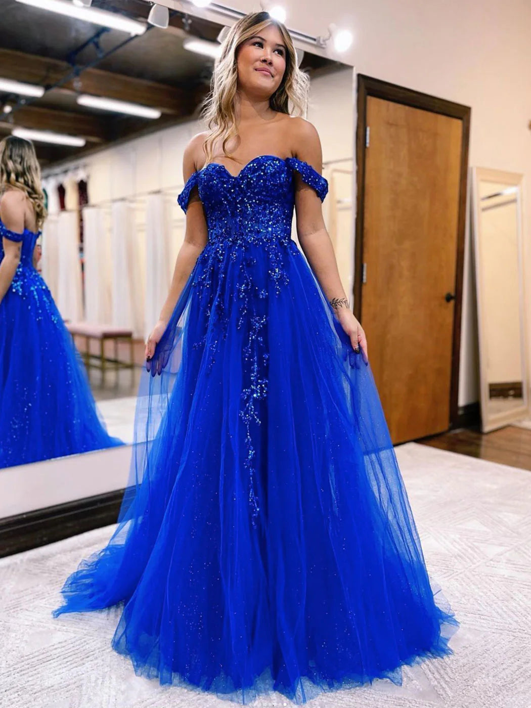 Royal Blue Off The Shoulder A-Line Beaded Appliques Evening Party Dress, Tulle Long Prom Dress