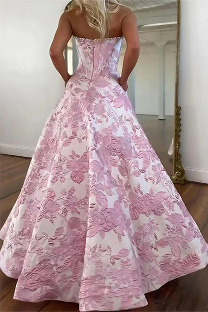 Stunning A Line Scoop Neck Jacquard Satin Long Prom Dress with Pearls